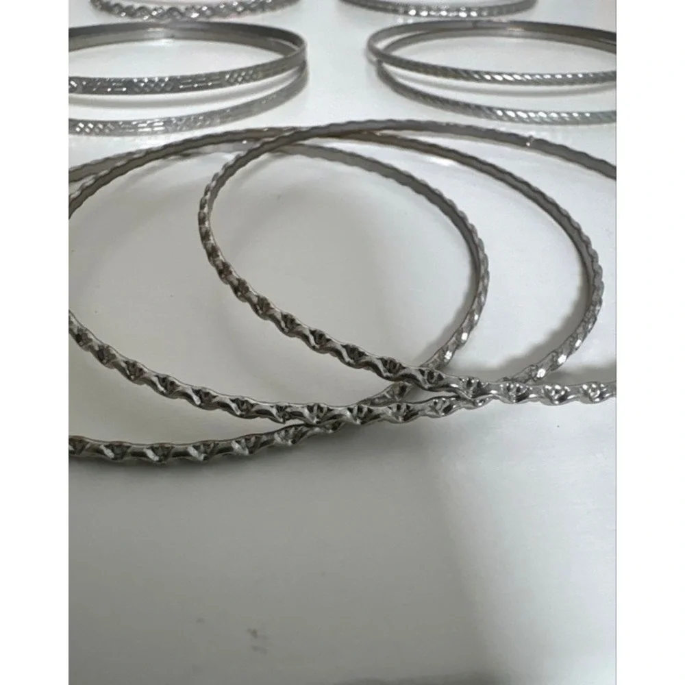 Vintage Silver Tone Textured Bangle Bracelet Set 11 Pieces Stackable Boho Etched